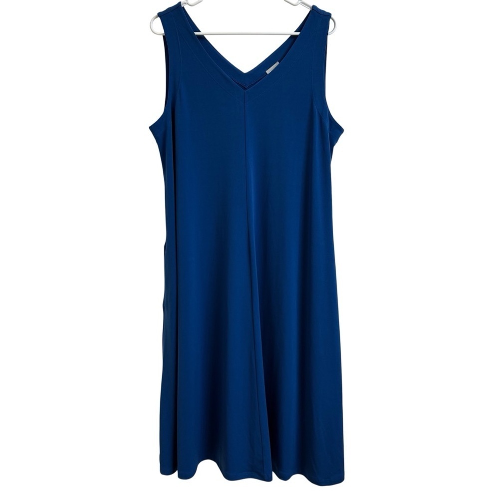 Chico’s Easy Chic Sleeveless V Neck Short Dress Womens Size 2 12/14 Blue Pockets